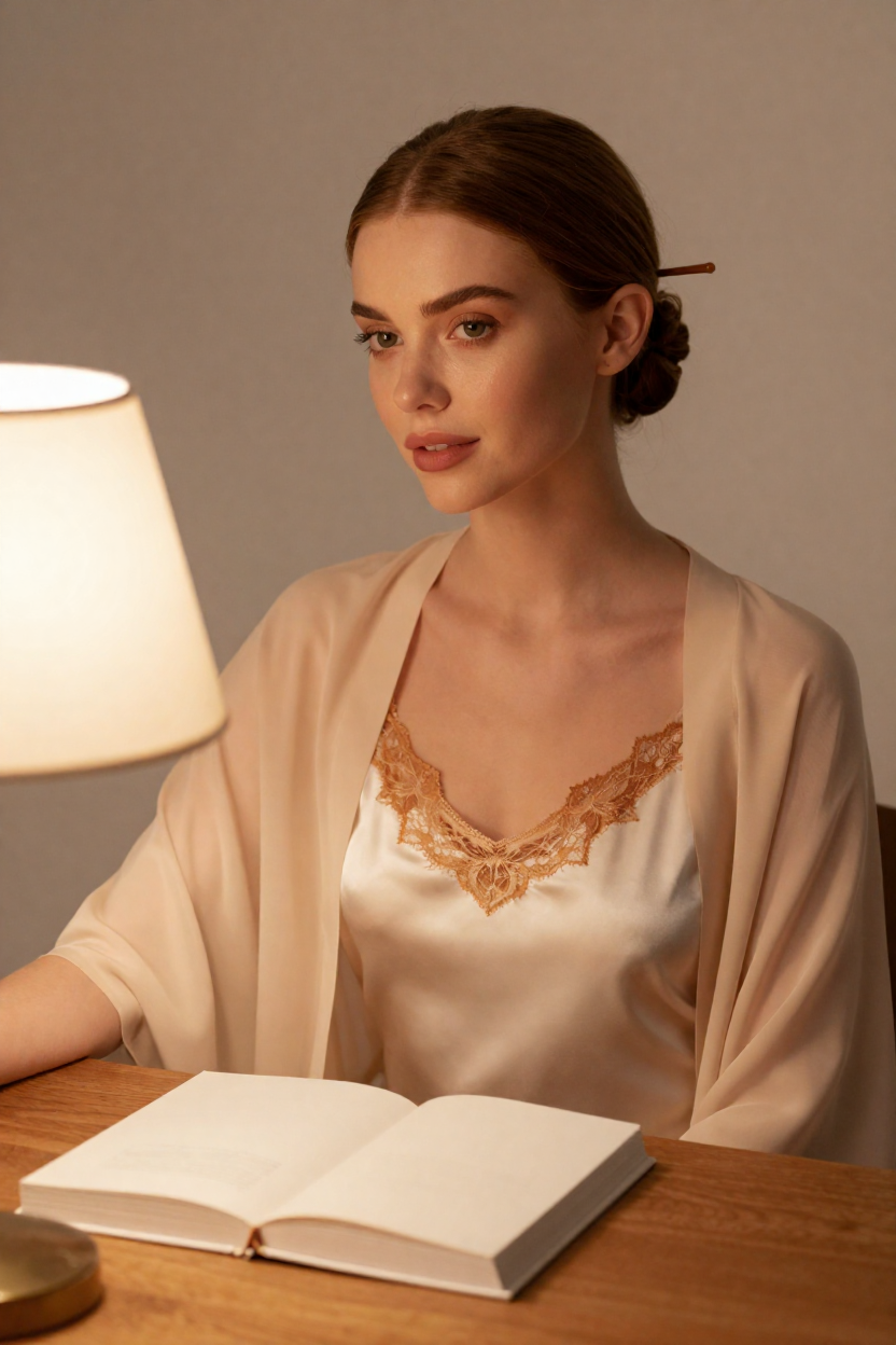 Fictional 27-year-old woman, honey-brown hair in a smooth low bun held with a plain amber pin,